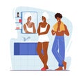 Young Woman and Man Stand front of Mirror in Bathroom and Brushing Teeth after Bath or Shower, Couple Morning Hygiene