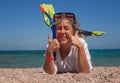 Young woman in a mask and fins for scuba diving with his eyes cl Royalty Free Stock Photo