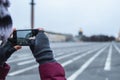 Young woman in mask walk in the city. Empty dvortsovaya square in the centre on self isolation