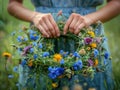 Young woman in the meadow holding a wreath of wild flowers and herbs. Female hands holding floral chaplet. Generative AI. Royalty Free Stock Photo