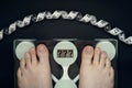 Young woman measuring her weight at home, weighing, weight control concept Royalty Free Stock Photo