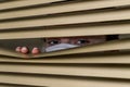 Young woman in medical mask looks out the window through the blinds Royalty Free Stock Photo