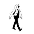 Young woman in medical mask walking while quarantine. Side view. Monochrome vector illustration in simple sketch style