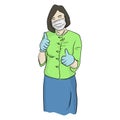 Young woman in a medical sterile protective mask on her face showing two thumb up with blue gloves vector illustration sketch