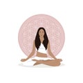 A young woman meditates in the lotus position on the background of the sacred symbol of yoga, the flower of life. Royalty Free Stock Photo