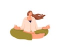 Young woman meditating in lotus pose. Happy girl practices balance, concentrates on breathing. Calm person sits in yoga