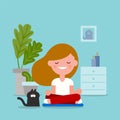 Young woman meditating in sitting yoga position. Flat design cartoon illustration