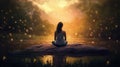 Young woman meditating at sunset at the lakeshore, in a magical landscape filled with golden light and sparkles. Generative AI Royalty Free Stock Photo