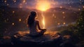 Young woman meditating at sunset on a mountain. Energy work. Person surrounded by glowing energy. Generative AI