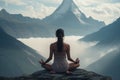 Young woman meditating in yoga lotus pose on the top of mountain, A woman doing yoga on the mountain, AI Generated Royalty Free Stock Photo