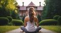 young woman meditating in yoga pose in nthe nature, woman meditating in nature, woman doing yoga exercise