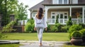 young woman meditating in yoga pose in nthe nature, woman meditating in nature, woman doing yoga exercise