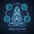 Young Woman meditation in lotus position with the four elements. Neon sign. Royalty Free Stock Photo