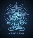 Young Woman meditation in lotus position with full moon. Moon astrology sign. Neon sign. Royalty Free Stock Photo