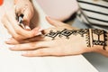 Young woman mehendi artist painting henna on the hand