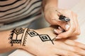 Young woman mehendi artist painting henna on the hand