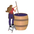 A young woman mixes and shakes grape pulp in a large wooden VAT. Winemaking, batonnage, maceration, fermentation