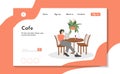 Young woman in modern clothes sitting at cafe or restaurant vector flat cartoon landing page design.