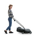 Young woman with modern lawn mower on white background Royalty Free Stock Photo