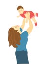 Young woman mom raises a baby child in her arms above her head