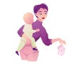 Young woman, mother holding baby and smelly used baby diaper. Vector isolated cartoon illustration.