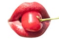 Young woman mouth with red cherry closeup