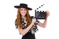 Young woman with movie clapboard