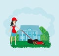 Young woman mows the grass with a mower Royalty Free Stock Photo