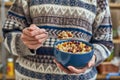 Young woman with muesli bowl. Healthy snack or breakfast in the morning. Royalty Free Stock Photo