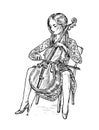 Young woman musician plays the cello on the classical instrument. Vintage style music concept. Engraved hand drawn