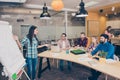 Young woman near whiteboard making presentation about growth of company Royalty Free Stock Photo