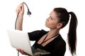 Young woman netbook powercable Royalty Free Stock Photo