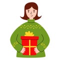 Young woman with New Year gifts. Funny cartoon characters preparing for Christmas. Girl receiving presents. Christmas Royalty Free Stock Photo