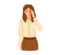 Young woman in office clothes suffering from migraine and headache, pressing hand to face. Vector hand-drawn