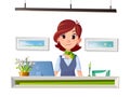 Young woman at the office table. Cartoon character and interior objects on a white background.