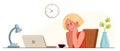 Young woman office worker having coffee break during a day vector flat illustration isolated, relaxed resting watching monitor