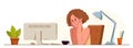 Young woman office worker having coffee break during a day vector flat illustration isolated, relaxed resting watching monitor