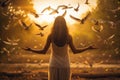 Young woman with open arms in front of flock of birds at sunset, rear view of woman praying and free bird and enjoying nature, AI Royalty Free Stock Photo