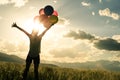 Young woman open arms on grassland with colored balloons Royalty Free Stock Photo