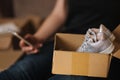 Young woman open new parcel with clothes. Woman hepl to sell secound hand goods Royalty Free Stock Photo