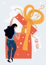 Young woman opening a gift. Vector.