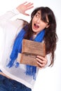 Young woman opens the wooden box Royalty Free Stock Photo