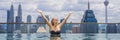 Young woman in outdoor swimming pool with city view in blue sky. Rich people BANNER, LONG FORMAT Royalty Free Stock Photo