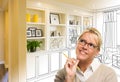 Blonde Woman Over Custom Built-in Shelves and Cabinets Design Drawing Gradating to Finished Photo.