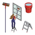 Young woman in overalls washes the window, standing on a stepladder. Set of isolated objects Royalty Free Stock Photo