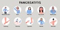 Young woman with pancreatitis symptoms and early signs. Female with diarrhea, nausea, vomiting. Infografic with patient