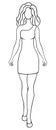 A young woman parades in a short dress. Sketch. A girl in a tunic with a strap over one shoulder