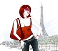 Young woman in Paris near Eiffel tower and Seine river