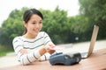 Young Woman pay on pos terminal with credit card Royalty Free Stock Photo