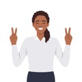 Young woman with peace signs. sign language gesticulation, peace gesture. Good mood, gladness joyfulness and positive emotion